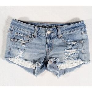 ❤️ 2015 American Eagle Super Low Shortie Distressed Denim Low Rise Shorts Size 2